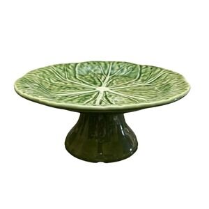 Bordallo Pinheiro Cabbage Pedestal Cake Stand Green Majolica Portugal 7"